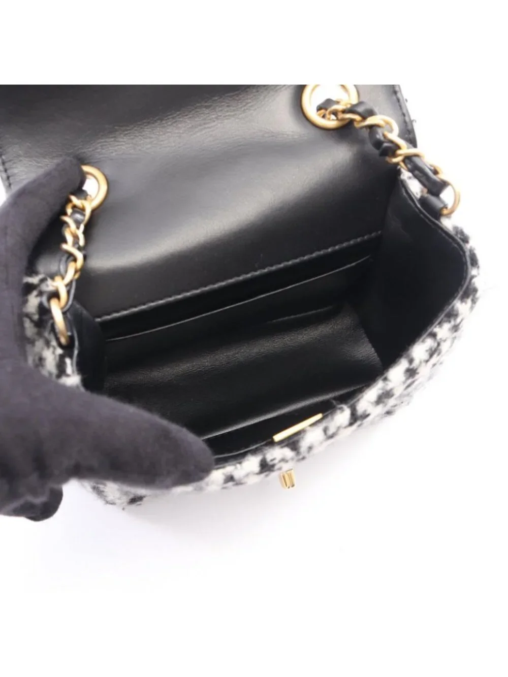 Chanel Shoulder Bag Quilted Houndstooth Black White Fabric Mini Chain